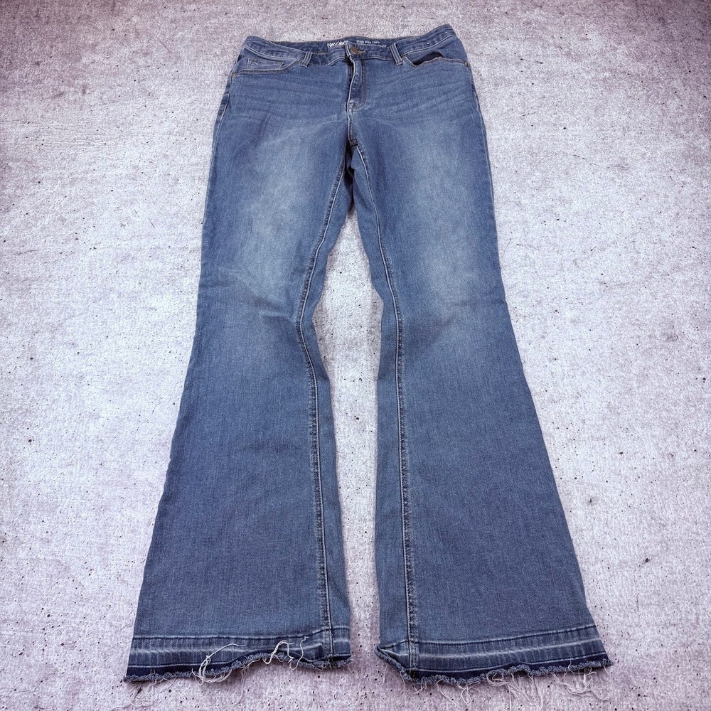 Mossimo Denim High Rise Flare Power Stretch Blue Jeans Womens 12/31R Distressed